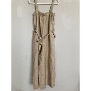 Loft Linen Blend Wide Leg Jumpsuit MEDIUM Khaki Beige Minimalist